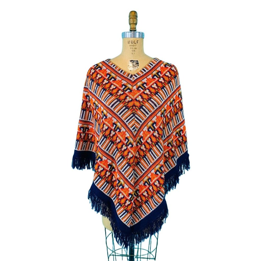 Vintage 70s Knit Cape Womens Medium Bohemian Navy Ikat Poncho Sweater